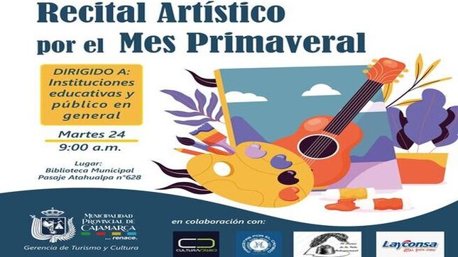 Están cordialmente invitados al Recital Artístico por el Mes Primaveral. Únanse a nosotros en la Biblioteca Municipal José Gálvez Egúsquiza, ubicada en Pasaje Atahualpa N° 628, para disfrutar de una mañana llena de talento y creatividad.
📅 Fecha: 24 
🕒 Hora: 9:00 a.m.