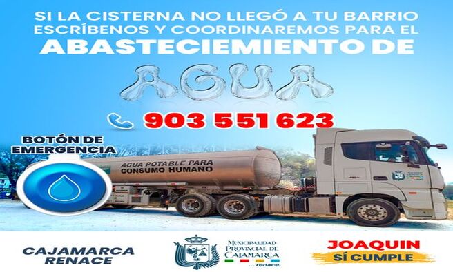π¦La Municipalidad Provincial de Cajamarca pone a disposiciΓ³n de toda la colectividad este servicio para atender a nuestros vecinos que requieran de abastecimiento de agua.
Gracias a las cisternas gestionadas por el alcalde provincial Joaquin RamΓrez se podrΓ‘ atender a mΓ‘s cajamarquinos con este vital lΓquido elemento.
