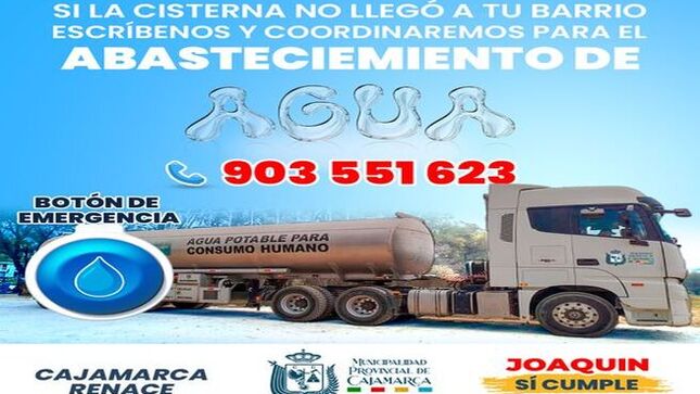 💦La Municipalidad Provincial de Cajamarca pone a disposición de toda la colectividad este servicio para atender a nuestros vecinos que requieran de abastecimiento de agua.
Gracias a las cisternas gestionadas por el alcalde provincial Joaquin Ramírez se podrá atender a más cajamarquinos con este vital líquido elemento.