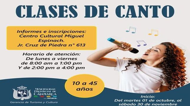 ¿Te apasiona cantar? ¡Esta es tu oportunidad! Ven y desarrolla tu talento en el Centro Cultural Miguel Espinach.
📍 Ubicación: Jr. Cruz de Piedra n° 613 
¡No te pierdas esta oportunidad de brillar en el escenario! 🌟