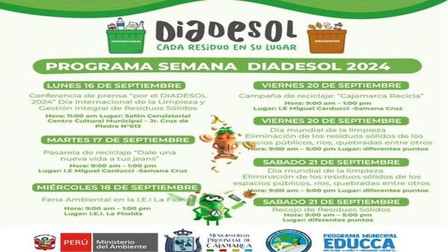 📢El Programa de la Semana de la Gestión Integral de Residuos Sólidos – DIADESOL 2024, se llevará a cabo del 17 al 21 de septiembre. Durante esta semana se realizarán diversas actividades, como ferias ambientales, reciclatones, campañas de concientización y jornadas de limpieza, con el objetivo de sensibilizar a la población sobre la importancia del manejo adecuado de los residuos sólidos y su impacto en el ambiente.