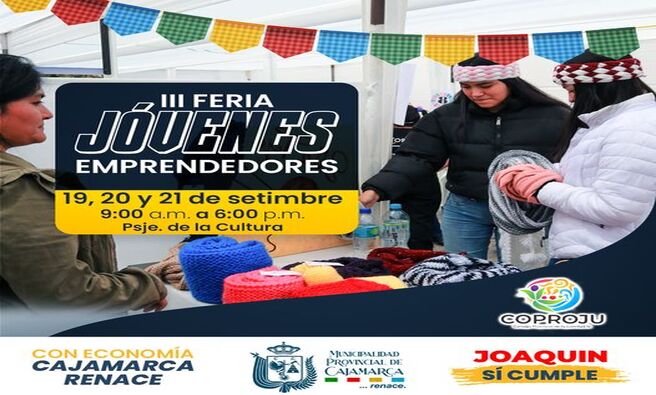 ποΈLa Municipalidad Provincial de Cajamarca organiza la III Feria de JΓ³venes Emprendedores con el objetivo de fomentar el espΓritu emprendedor y potenciar las habilidades creativas de la juventud cajamarquina. Esta iniciativa busca identificar y reconocer a los jΓ³venes emprendedores como actores clave para la reactivaciΓ³n econΓ³mica, social y cultural de la ciudad.
πLa feria se desarrollarΓ‘ desde el 19 de septiembre, de 9:00 a.m. hasta las 6:00 p.m., y continuarΓ‘ con sus actividades los dΓas 20 y 21 de septiembre en el Pasaje La Cultura. Este evento contribuye al desarrollo sustentable de la provincia, al tiempo que brinda una plataforma para que los proyectos viables de los participantes puedan generar un impacto significativo en diversos sectores de la sociedad.
β
La Municipalidad Provincial de Cajamarca invita a todos los ciudadanos a ser parte de esta celebraciΓ³n del emprendimiento juvenil y a unirse al impulso hacia un futuro mΓ‘s prΓ³spero y sostenible para la provincia.