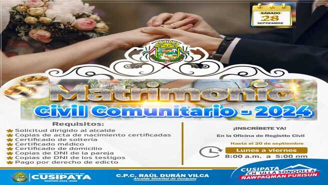 Inscríbete al Matrimonio Civil Comunitario Cusipata 2024