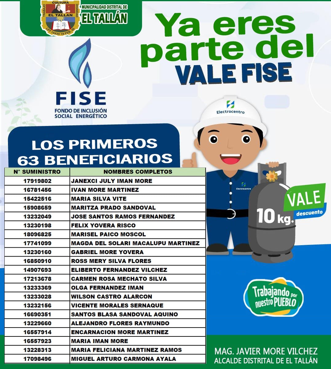 Primeros 63 beneficiarios del vale FISE