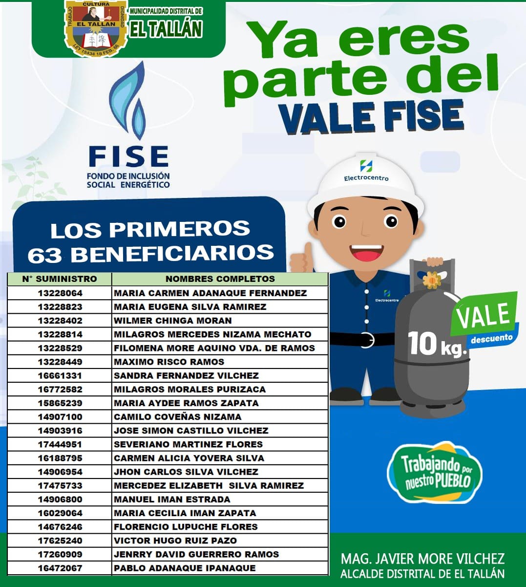 Primeros 63 beneficiarios del vale FISE
