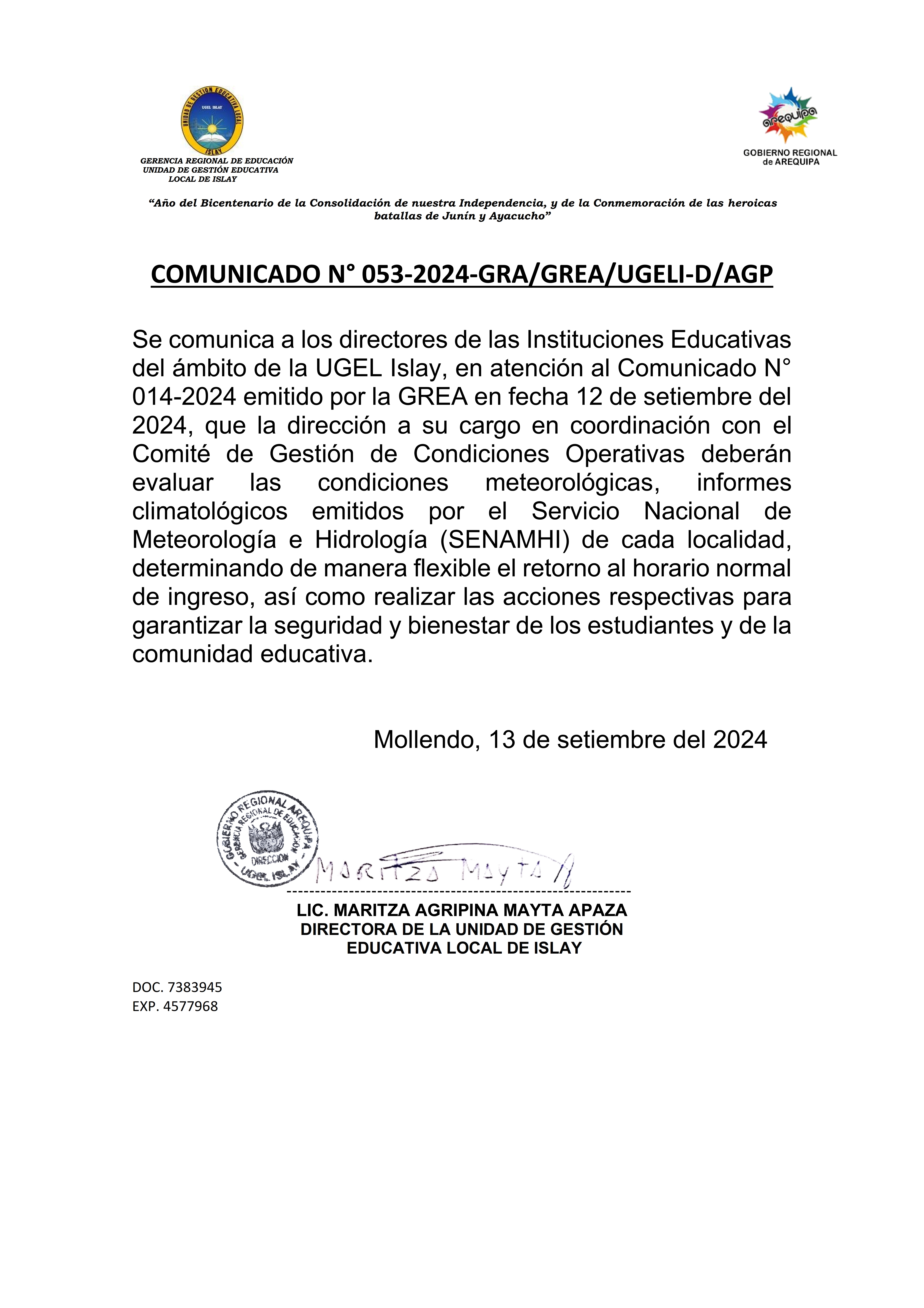 Comunicado N° 053-2024-GRA/GREA/UGELI-D/AGP
