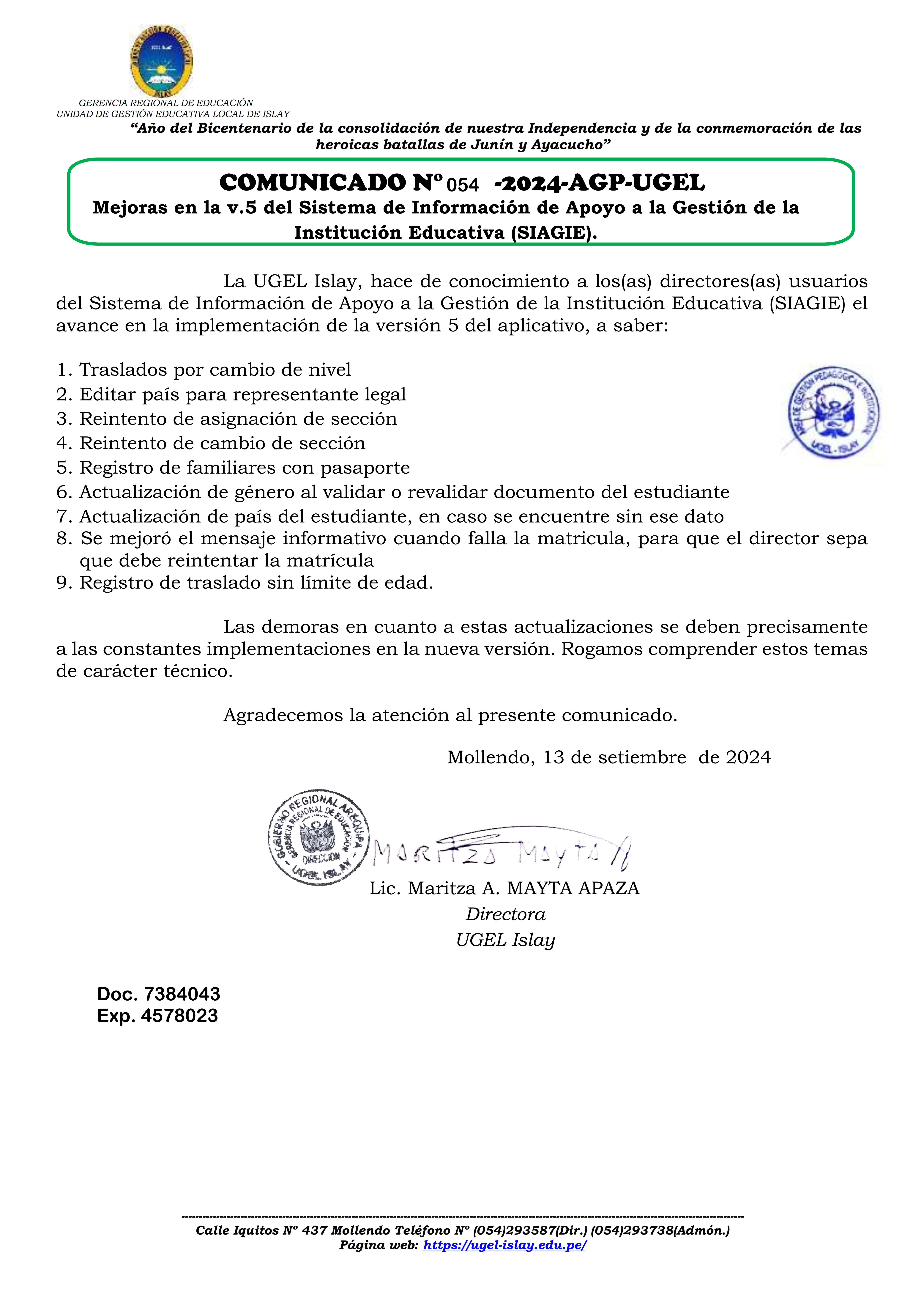 Comunicado N° 054-2024-AGP-UGEL