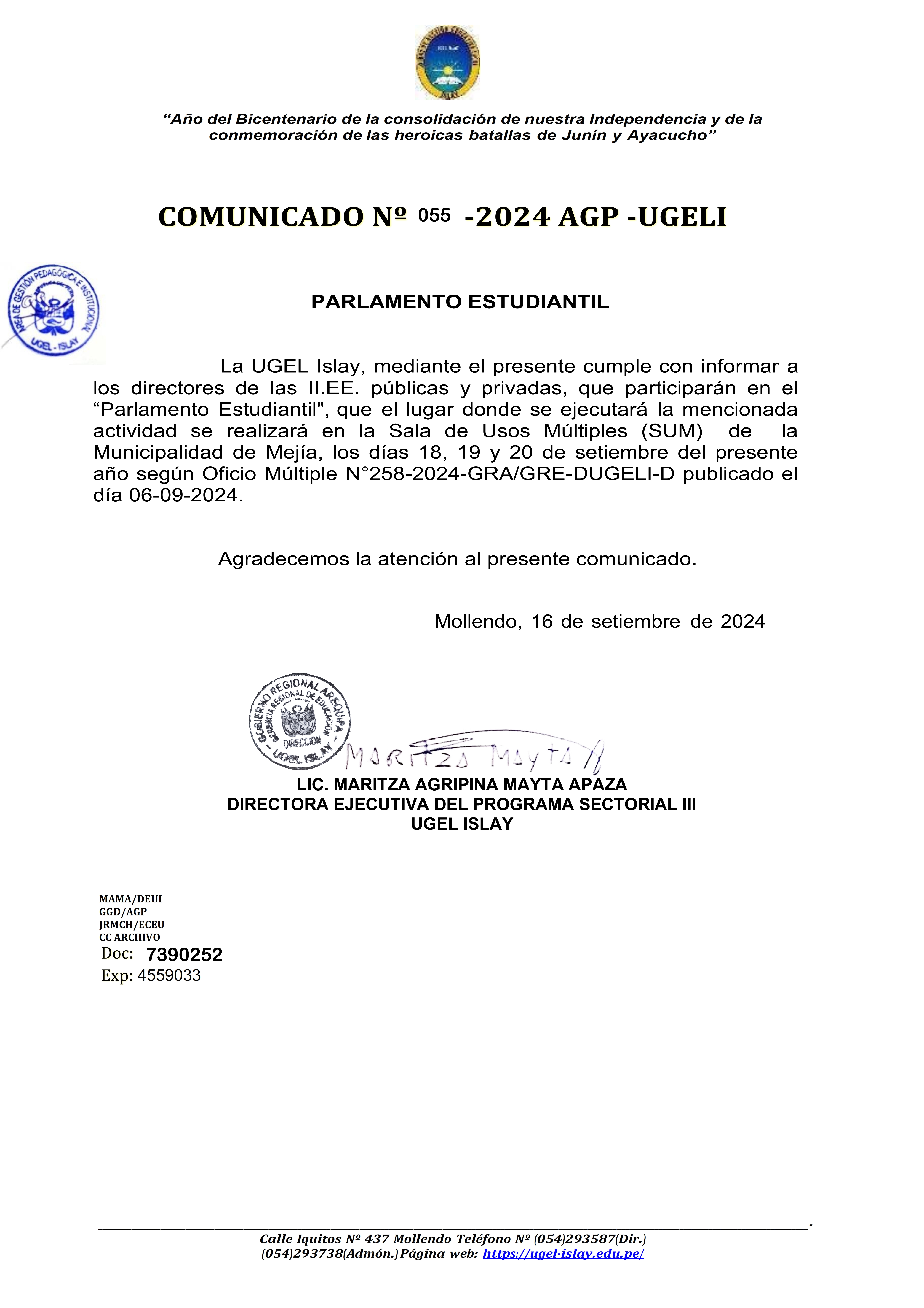 Comunicado Nº 055-2024-AGP-UGELI