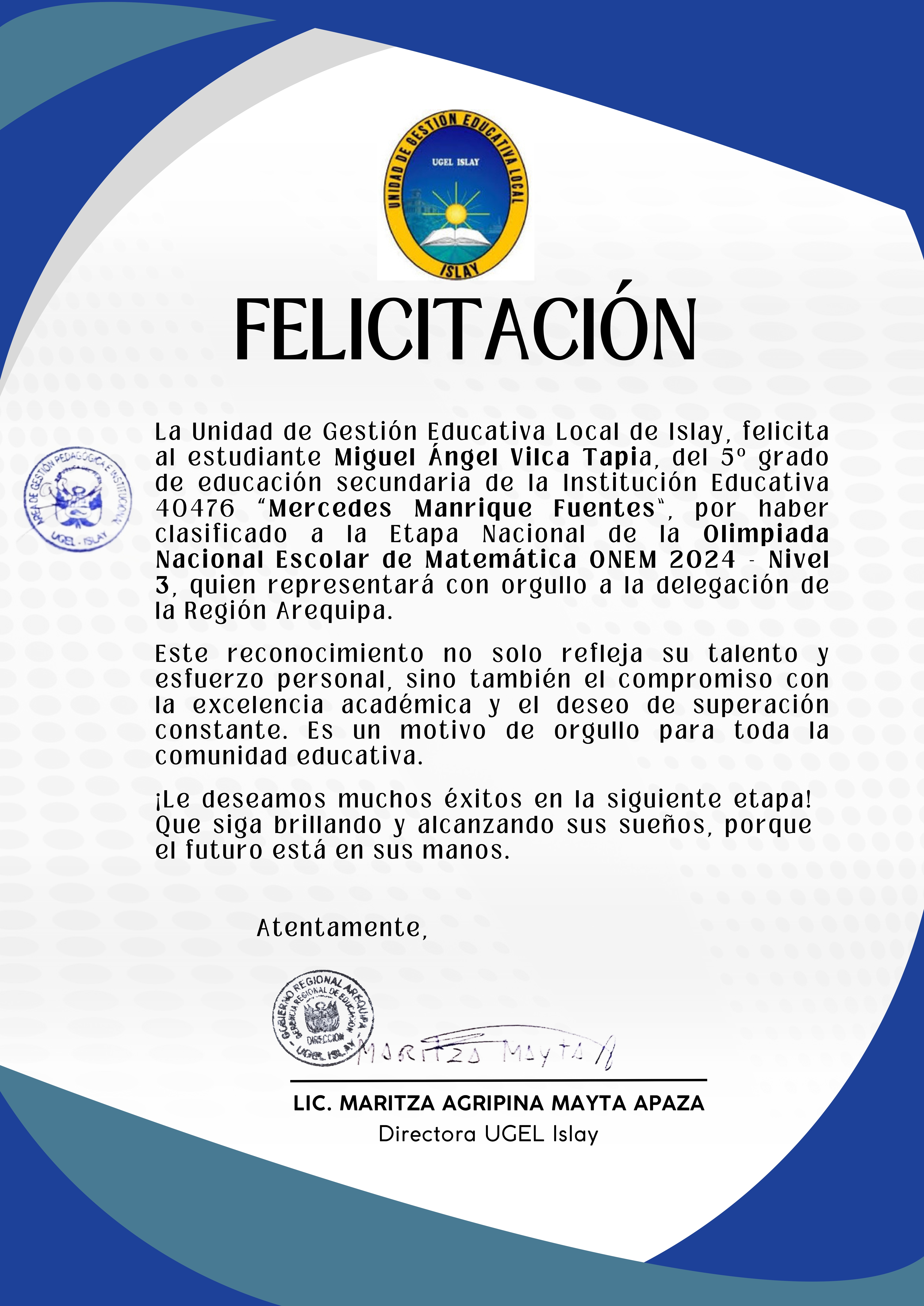 Felicitación: Estudiante Miguel Ángel Vilca Tapia