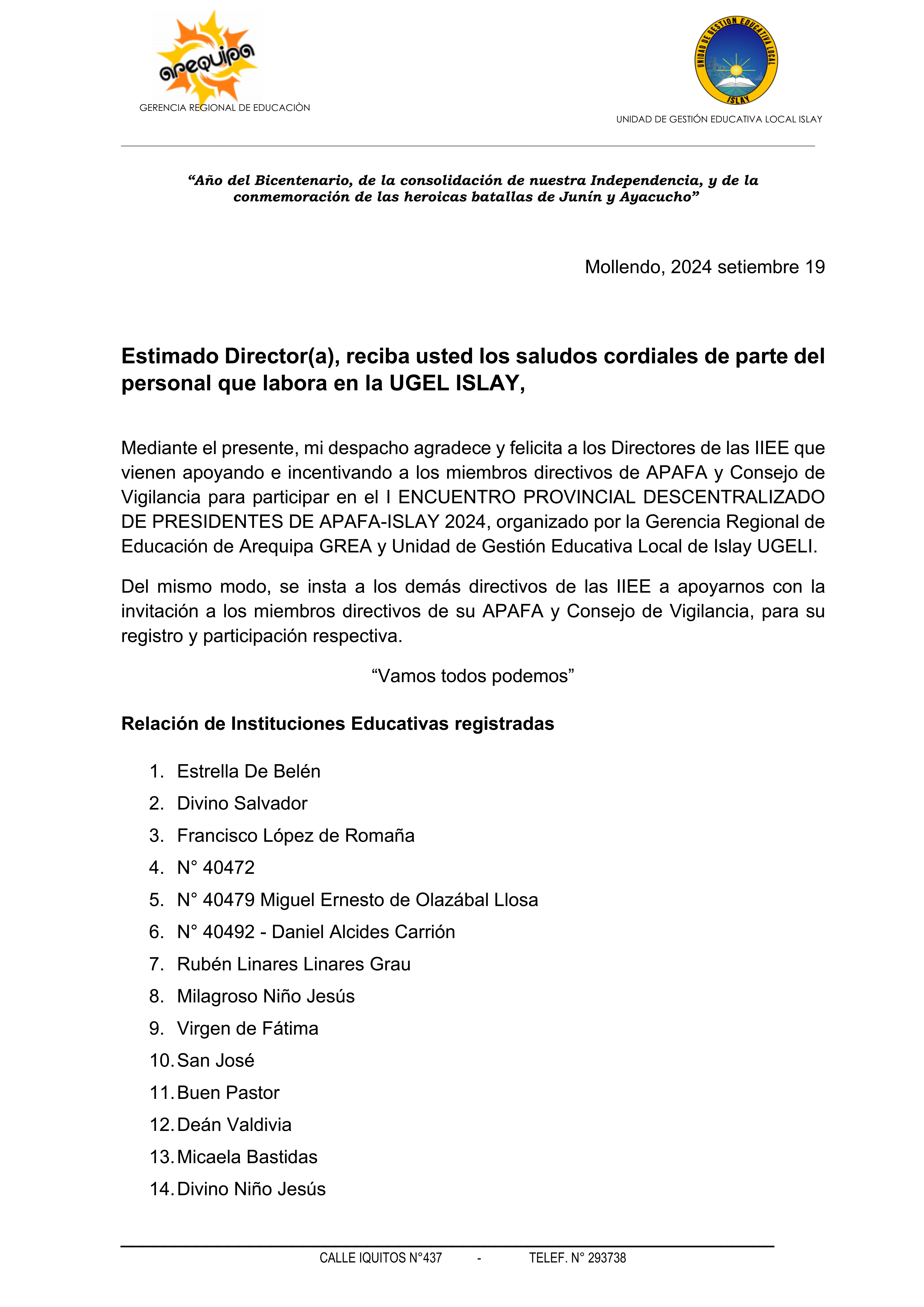Felicitación a Instituciones Educativas