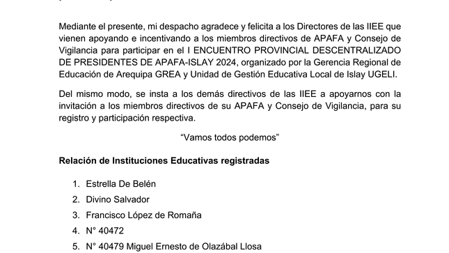 Felicitación a Instituciones Educativas