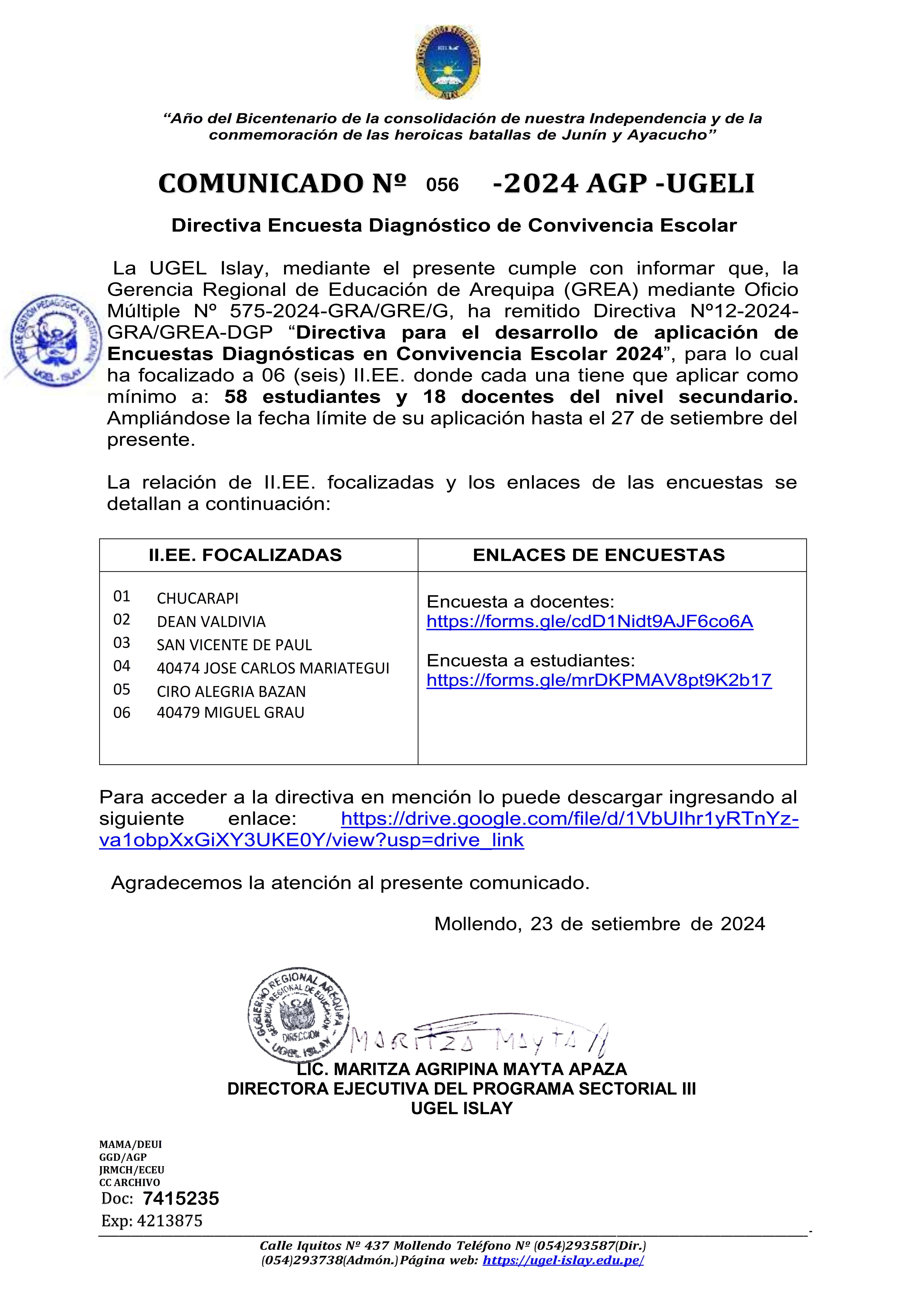 Comunicado Nº 056-2024-AGP-UGELI