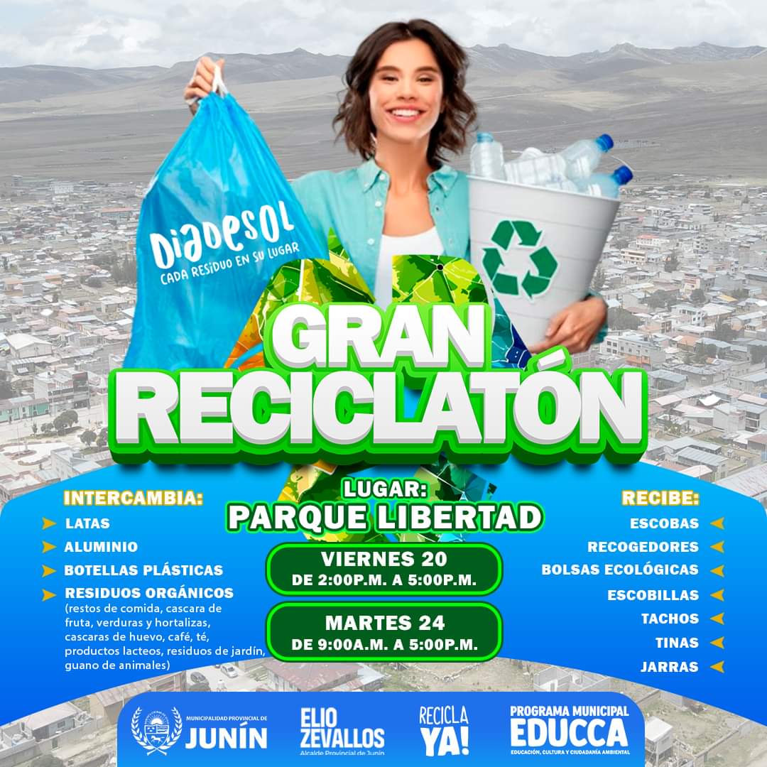 señorita sosteniendo una bolsa y un tacho de reciclaje con botellas al interior