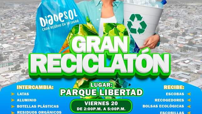 señorita sosteniendo una bolsa y un tacho de reciclaje con botellas al interior