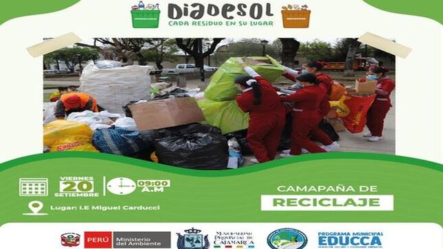 ✅En el marco de la Semana de la Gestión Integral de Residuos Sólidos – #DIADESOL
La Gerencia de Desarrollo Ambiental invita a la Reciclatón en la Institución Educativa Miguel Carducci 
¡Participa y contribuye al cuidado del medio ambiente! Puedes llevar papel, cartón y botellas plásticas. Por cada 5 kg de residuos, recibirás abono orgánico o una planta ornamental como recompensa.
📅 𝐕𝐢𝐞𝐫𝐧𝐞𝐬,  𝟐𝟎 𝐝𝐞 𝐬𝐞𝐩𝐭𝐢𝐞𝐦𝐛𝐫𝐞
🕘 𝟗:𝟎𝟎 𝐚‧𝐦‧
📌 𝐈‧𝐄‧ 𝐌𝐢𝐠𝐮𝐞𝐥 𝐂𝐚𝐫𝐝𝐮𝐜𝐜𝐢
¡𝐓𝐞 𝐞𝐬𝐩𝐞𝐫𝐚𝐦𝐨𝐬 𝐩𝐚𝐫𝐚 𝐣𝐮𝐧𝐭𝐨𝐬 𝐡𝐚𝐜𝐞𝐫 𝐝𝐞 𝐂𝐚𝐣𝐚𝐦𝐚𝐫𝐜𝐚 𝐮𝐧𝐚 𝐜𝐢𝐮𝐝𝐚𝐝 𝐦𝐚́𝐬 𝐯𝐞𝐫𝐝𝐞 𝐲 𝐬𝐨𝐬𝐭𝐞𝐧𝐢𝐛𝐥𝐞!