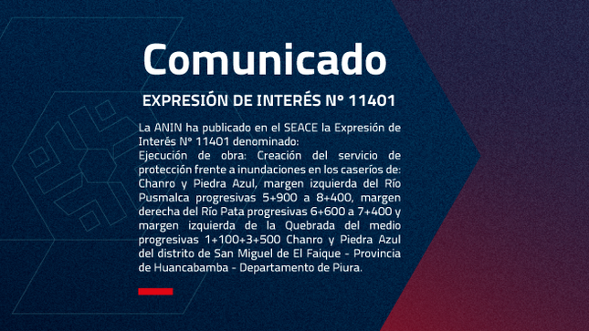 Ejecución de obra: “CREACION DEL SERVICIO DE PROTECCIÓN FRENTE A INUNDACIONES EN LOS CASERÍOS DE: CHANRO Y PIEDRA AZUL, MARGEN IZQUIERDA DEL RIO PUSMALCA PROGRESIVAS 5+900 A 8+400, MARGEN DERECHA DEL RIO PATA PROGRESIVAS 6+600 A 7+400 Y MARQUEN 
IZQUIERDA DE LA QUEBRADA DEL MEDIO PROGRESIVAS 1+100+3+500 CHANRO Y PIEDRA AZUL DEL DISTRITO DE SAN MIGUEL DE EL FAIQUE - PROVINCIA DE HUANCABAMBA - DEPARTAMENTO DE PIURA" 
