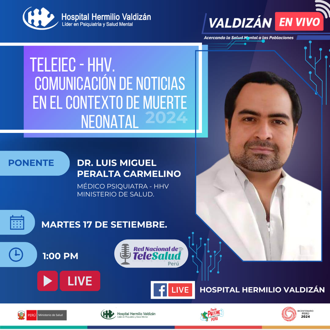 No te pierdas esta nueva edición de Valdizán en vivo!!!
Este Martes 17 de setiembre el Dr. Luis Miguel Peralta Carmelino, quien abordará el tema: Comunicación de noticias en el contexto de una muerte Neonatal.
Acompáñanos durante nuestra trasmisión de facebook Live.