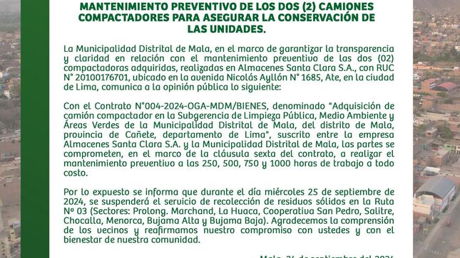 La Municipalidad de Mala Informa el Mantenimiento Preventivo de los Dos Camiones Compactadores 