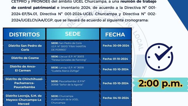 Se convoca a los directores de las instituciones educativas de diferentes niveles (inicial, primaria, secundaria, CEBA, CEBE, CETPRO y PRONOEI) del ámbito UGEL Churcampa, con carácter obligatorio a una reunión.