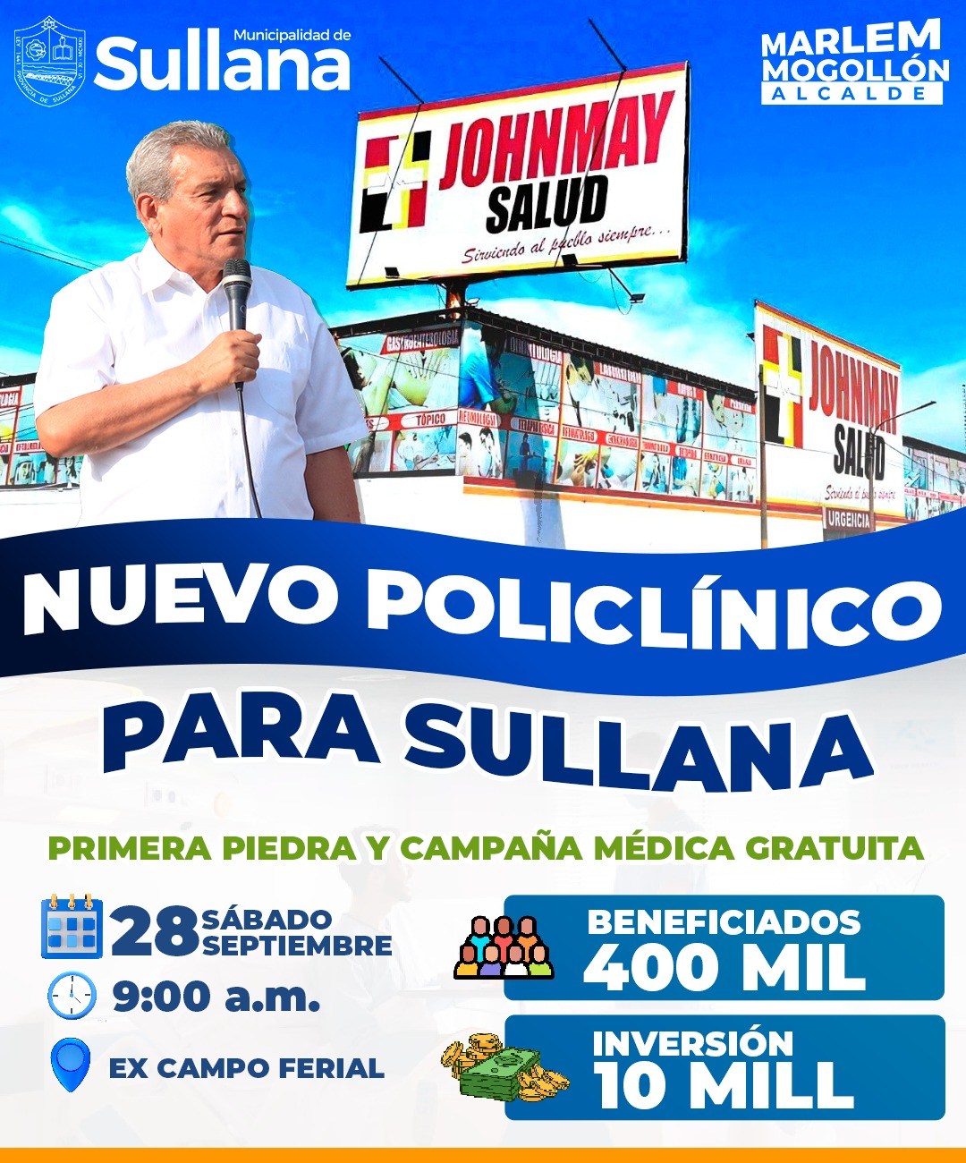 La Municipalidad de Sullana llevará a cabo la colocación de la primera piedra del Policlínico Municipal JohnMay Salud, que beneficiará a más de 400,000 ciudadanos de Sullana y sus alrededores. La actividad se realizará el próximo 28 de septiembre a las 9:00 a.m. en el ex campo ferial.
Este proyecto es el resultado de un convenio interinstitucional firmado por el alcalde, Ing. Marlem Mogollón, y JohnMay Ing. SAC. La firma del convenio se realizó el 13 de agosto, cumpliendo con el acuerdo adoptado en la Sesión de Concejo Extraordinaria N° 18, desarrollada el pasado 2 de agosto.
Además, se realizará una campaña médica gratuita en la explanada del ex campo ferial, donde se ofrecerán diversos servicios para la población asistente. De esta manera, se refleja el compromiso del alcalde Mogollón por mejorar la atención en salud y ofrecer servicios de calidad a la población. “Este policlínico es fundamental en la atención médica de nuestra población, asegurando el acceso a servicios de salud esenciales para todos”, manifestó el alcalde Marlem Mogollón.