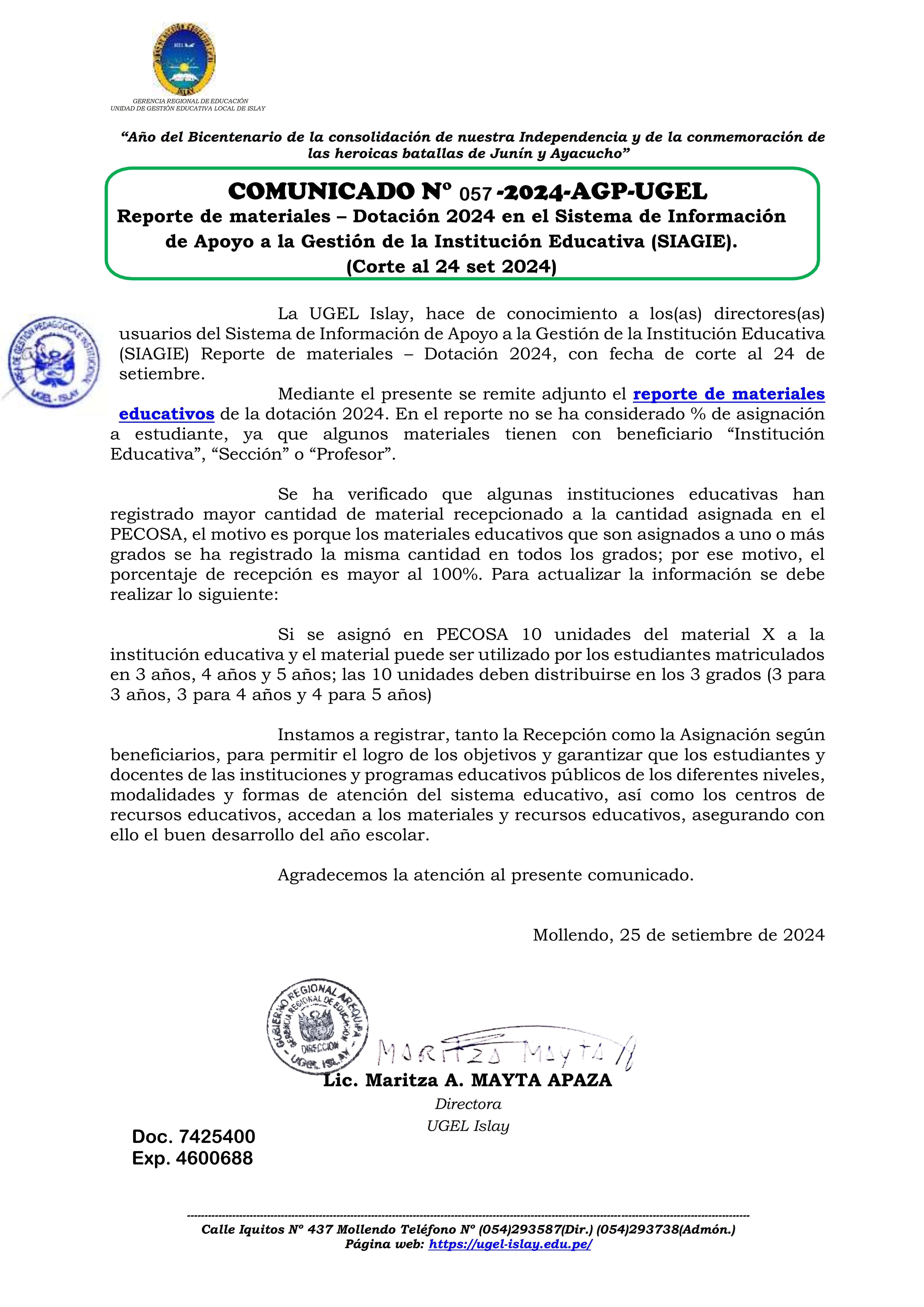 Comunicado N° 057-2024-AGP-UGEL