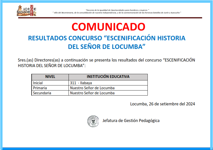 Sres.(as) Directores(as) a continuación se presenta los resultados del concurso “ESCENIFICACIÓN
HISTORIA DEL SEÑOR DE LOCUMBA”: