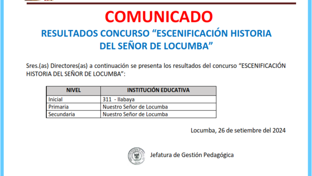 Sres.(as) Directores(as) a continuación se presenta los resultados del concurso “ESCENIFICACIÓN
HISTORIA DEL SEÑOR DE LOCUMBA”: