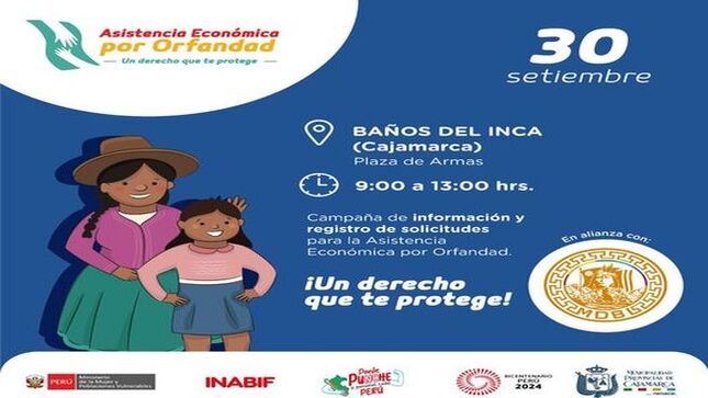 💼 La Municipalidad Provincial de Cajamarca, en alianza estratégica con el Ministerio de la Mujer y Poblaciones Vulnerables (MIMP) y el Programa Nacional Integral para el Bienestar Familiar (INABIF), se complace en anunciar la jornada informativa y de registro de solicitudes para la Asistencia Económica por Orfandad, que se llevará a cabo el 30 de septiembre de 9:00 a.m. a 1:00 p.m. en la Plaza de Armas de Baños del Inca.
💰 Esta asistencia económica es un derecho que busca proteger y respaldar financieramente a los niños, niñas y adolescentes, asegurando su bienestar y desarrollo.
🤝 La Municipalidad, en su compromiso con los sectores vulnerables, lidera esta iniciativa para brindar apoyo integral a las familias afectadas.