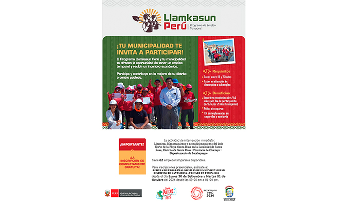 El programa Llankasun Perรบ y tu municipalidad te ofrecen la oportunidad de tener empleo temporal y recibir un incentivo econรณmico.
๐๐ ๐๐๐ญ๐ข๐ฏ๐ข๐๐๐ ๐๐ ๐ข๐ง๐ญ๐๐ซ๐ฏ๐๐ง๐๐ข๐จฬ๐ง ๐ข๐ง๐ฆ๐๐๐ข๐๐ญ๐: ๐๐ข๐ฆ๐ฉ๐ข๐๐ณ๐, ๐๐๐ง๐ญ๐๐ง๐ข๐ฆ๐ข๐๐ง๐ญ๐จ ๐ฒ ๐๐๐จ๐ง๐๐ข๐๐ข๐จ๐ง๐๐ฆ๐ข๐๐ง๐ญ๐จ ๐๐๐ฅ ๐ฅ๐๐๐จ ๐๐จ๐ซ๐ญ๐ ๐๐ ๐ฅ๐ ๐๐ฅ๐๐ฒ๐ ๐๐๐ง๐ญ๐ ๐๐จ๐ฌ๐ ๐๐ง ๐ฅ๐ ๐๐จ๐๐๐ฅ๐ข๐๐๐ ๐๐ ๐๐๐ง๐ญ๐ ๐๐จ๐ฌ๐, ๐๐ข๐ฌ๐ญ๐ซ๐ข๐ญ๐จ ๐๐ ๐๐๐ง๐ญ๐ ๐๐จ๐ฌ๐ - ๐๐ซ๐จ๐ฏ๐ข๐ง๐๐ข๐ ๐๐ ๐๐ก๐ข๐๐ฅ๐๐ฒ๐จ - ๐๐๐ฉ๐๐ซ๐ญ๐๐ฆ๐๐ง๐ญ๐จ ๐๐ ๐๐๐ฆ๐๐๐ฒ๐๐ช๐ฎ๐
Inscripciones: Oficina de Programas Sociales de la Municipalidad Distrital de Santa Rosa - Ubicado en Calle Uniรณn #404
Fecha: Desde el dรญa Lunes 30 de setiembre hasta Martes 01 de Octubre
Hora: Desde las 9:00 am hasta la 1:00 pm