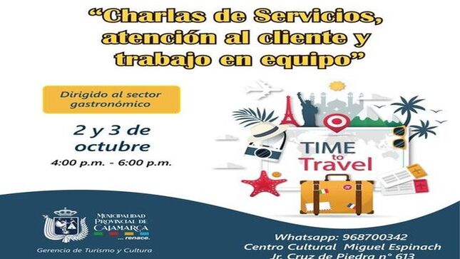 📢🍴 ¡No te pierdas nuestras charlas sobre servicios, atención al cliente y trabajo en equipo, especialmente dirigidas al sector gastronómico! 🍴📢
🗓️ Fechas: 2 y 3 de octubre
🕓 Hora: 4:00 p.m. a 6:00 p.m.
📍 Lugar: Centro Cultural Miguel Espinach, Jr. Cruz de Piedra n° 613
Únete a nosotros para mejorar tus habilidades y ofrecer una experiencia excepcional a tus clientes. ¡Te esperamos! 🌟👨‍🍳👩‍🍳