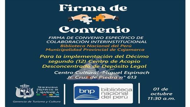 La Municipalidad Provincial de Cajamarca y la Biblioteca Nacional del Perú, firmarán un convenio de colaboración interinstitucional para la implementación del 12° Centro de Acopio Desconcentrado de Depósito Legal. 🏛️🤝
📅 Fecha: 01 de octubre 🕦 Hora: 11:30 a.m. 📍 Lugar: Centro Cultural Miguel Espinach, Jr. Cruz de Piedra n° 613
¡No te lo pierdas! 🎉
🌟🙌 ¡Con Joaquin Ramirez, Cajamarca Renace!