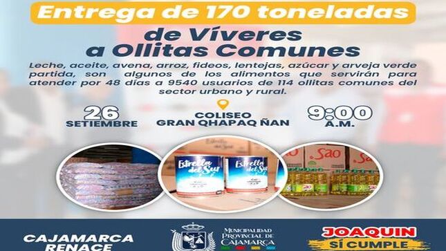 🥛 Este proceso incluye aproximadamente 170 toneladas de productos que servirán para atender a 9,540 usuarios de 114 ollas comunes, tanto en el sector urbano como en el rural, durante 48 días.
🍱 Estos alimentos serán entregados el próximo 26 de setiembre en el Coliseo Qhapaq Ñan a las 9:00 a.m. Esta iniciativa representa un importante apoyo de la MPC para mitigar las necesidades alimentarias de la población, tanto en la ciudad como en los centros poblados de la zona rural.
🎉 ¡Con Joaquin Ramirez, Cajamarca Renace!