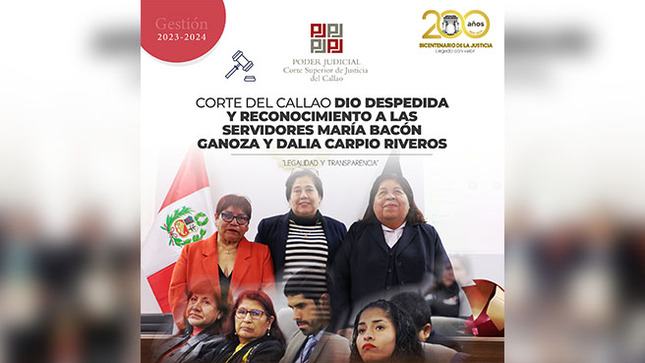 Corte del Callao realizó ceremonia de despedida y reconocimiento a las servidores María Bacón Ganoza y Dalia Carpio Riveros