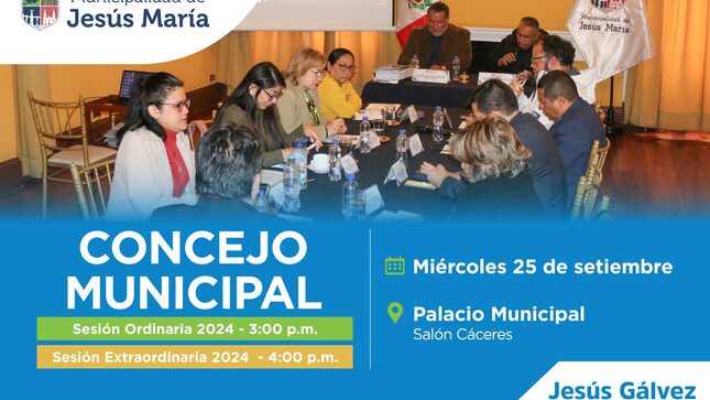 Este miércoles 25 de setiembre, nuestro alcalde Jesús Gálvez y su Concejo
Municipal se reúnen en el 📍 Salón Cáceres de Palacio Municipal.

✅ 3:00 p.m. Sesión Ordinaria
✅ 4:00 p.m. Sesión Extraordinaria