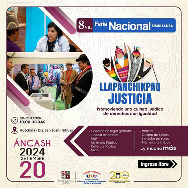 📣¡Atención San Juan!
📢¡Llegó el gran evento! La Corte Superior de Justicia de Áncash se complace en invitar a toda la población del distrito de San Juan a la Octava Feria Nacional Simultánea "LLAPANCHIKPAQ JUSTICIA", que se celebrará el 20 de septiembre de 2024 en el caserío de Huachina.
👨⚖️ ¿Qué podrás encontrar en esta feria?
🔹 Orientación Legal Gratuita: Obtén asesoría sobre temas como demandas de alimentos, aumento de alimentos, filiación extramatrimonial y seguimiento de procesos judiciales, con la participación de los jueces de la Sala Laboral.
🔹 Justicia Itinerante: Podrás hacer el seguimiento de tus procesos judiciales en trámite.
🔹 Servicios de Seguridad y Orientación: La Comisaría Sectorial Sihuas, el Ministerio Público, Defensa Pública, el Ministerio de Desarrollo e Inclusión Social (Midis) y RENIEC, estarán presentes para resolver tus dudas y ofrecer información.
🔹 Campaña Médica Gratuita: Disfruta de consultas y servicios en odontología, obstetricia y enfermería proporcionados por la MicroRed.
🔹 Corte de Cabello Gratuito: Renueva tu look con un corte de cabello sin costo, gracias al Cetpro “Jesús Obrero”.
📌Invitados Especiales: Dr. Marcial Quinto Gomero, presidente de la Corte Superior de Justicia de Áncash, estará liderando y supervisando esta campaña, asegurando el compromiso con la justicia y el bienestar de la población.
📅 Fecha: 20 de septiembre de 2024
📍 Lugar: Caserío de Huachina, San Juan
¡No pierdas esta oportunidad de acceder a servicios esenciales y apoyo en un solo lugar!
¡Te esperamos!
¡Promoviendo una cultura jurídica de derechos con igualdad!