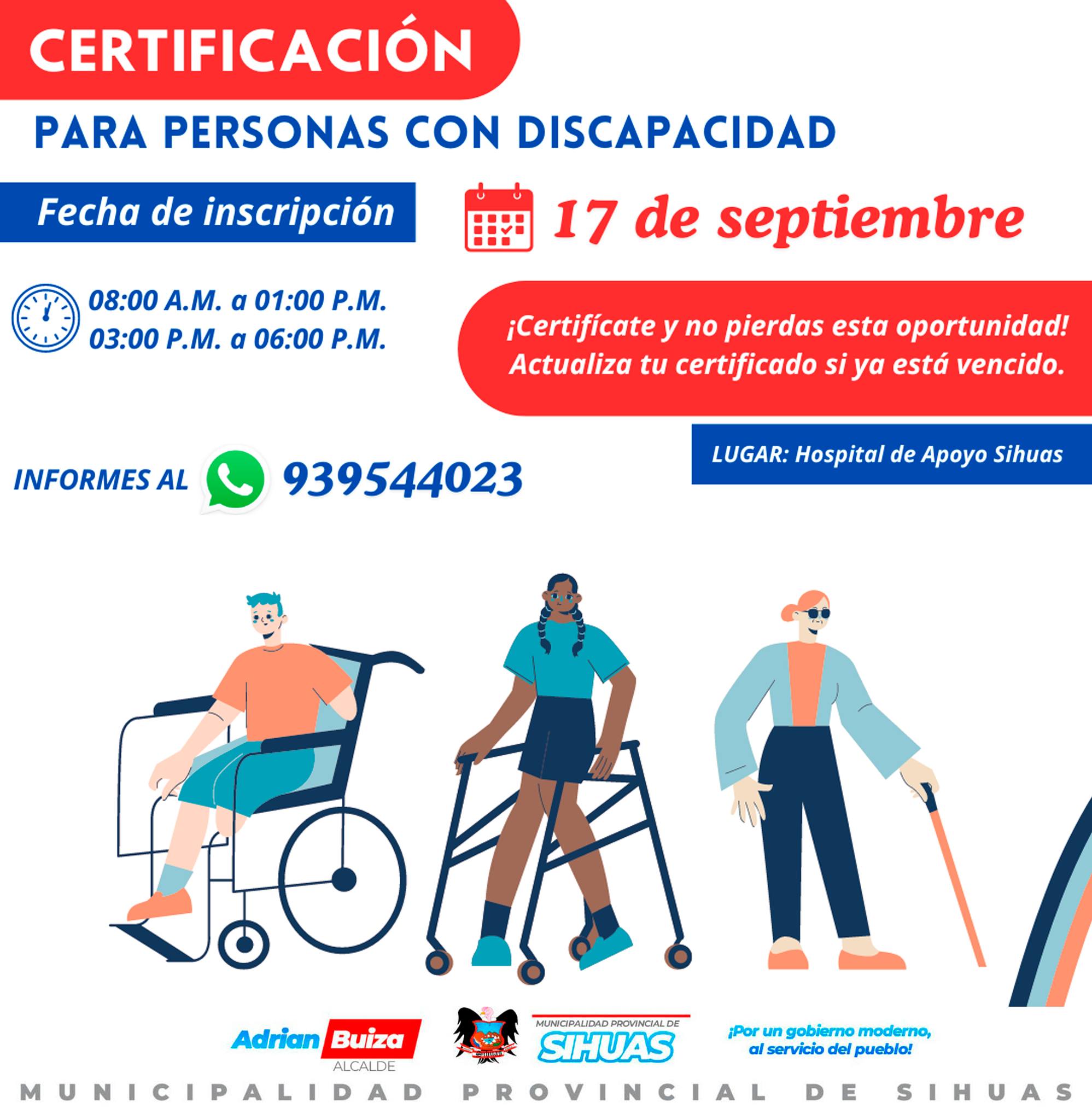 💠CERTIFICACIÓN PARA PERSONAS CON DISCAPACIDAD📣
La Oficina Municipal de Atención a Personas con Discapacidad (Omaped) en coordinación con el Hospital de Apoyo Sihuas (HAS), comunican a la población que, este 17 de septiembre del 2024, se realizará la certificación para personas con discapacidad, en las instalaciones del nosocomio provincial.
¡Si aún no te certificaste o necesitas actualizar, no te pierdas de esta gran oportunidad!
☎️Para mayor información puedes comunicarte al 939544023.