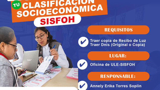  La Municipalidad Distrital de Pazos, a través de la Sub Gerencia de Desarrollo Social y Servicios Públicos de la Unidad Local de Empadronamiento (ULE) - SISFOH, hace un llamado a todos los ciudadanos Pazosinos a actualizar su clasificación socioeconómica-SISFOH, debido a que en algunos casos el periodo de vigencia se encuentra próximo a vencer y en otros ya está caducado. 
 Es por ello que hacemos pública la relación de usuarios que deben actualizar su clasificación socioeconómica - SISFOH, para lo cual el jefe de familia o miembros de su hogar debe acercarse a la oficina de ULE-SISFOH, Sub Gerencia de Desarrollo Social y Servicios Públicos, con fecha limite el día sábado, 19 de octubre, con los DNI (original o copia) de todos los miembros de la familia con que conviva, y su recibo de luz y/o agua. 