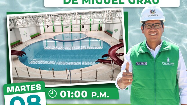 La Municipalidad de Paucarpata invita a la población en general a la Gran Inauguración de la Nueva y Moderna Piscina Municipal de Miguel Grau. 
𝗙𝗘𝗖𝗛𝗔: Martes 8 de Octubre.
𝗛𝗢𝗥𝗔: 01:00 P.M.
𝗟𝗨𝗚𝗔𝗥: Frente al Parque 01 de Mayo.
¡Ven y disfruta de lo mejores ambientes en FAMILIA!