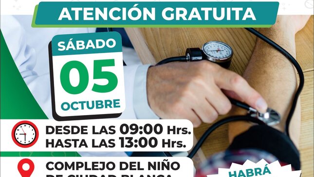La Municipalidad de Paucarpata invita a todos lo vecinos de Ciudad Blanca y del distrito a la Gran Campaña de Salud y Actividad Física por la Salud Mental en el Complejo del Niño de Ciudad Blanca.
ESPECIALIDADES:
Medicina General
Medicina Familiar
Psicología
Odontología
Obstetricia
Nutrición
Oftalmología y Más...
𝗙𝗘𝗖𝗛𝗔: Sábado 5 de Octubre.
𝗛𝗢𝗥𝗔: Desde las 09:00 a.m.
𝗟𝗨𝗚𝗔𝗥: Complejo del Niño - Ciudad Blanca.
Les esperamos con los especialistas en corte de cabello TOTALMENTE GRATIS!!! 
No se pierdan de los premios sorpresas y Mucho Más!!!