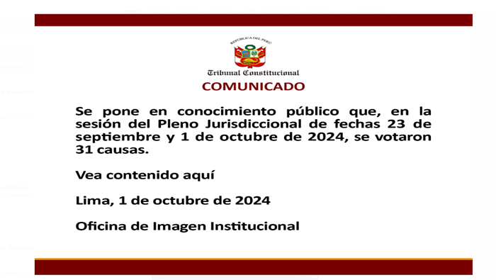 Se pone en conocimiento público que, en la sesión del Pleno Jurisdiccional de fechas 23 de septiembre y 1 de octubre de 2024, se votaron 31 causas.