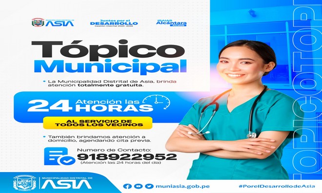 El Tópico de la Municipalidad Distrital de Asia ubicado en anexo Palma Alta, brinda atenciones médicas previa cita, también cuenta con personal técnico en enfermería para curaciones, inyectables y tratamientos endovenosos. Cabe mencionar que la atención es totalmente gratuita las 24 horas de lunes a domingo; gracias a la gestión de nuestro alcalde Isaias Alcántara Malasquez.
También se realiza atención a domicilio previa cita.
¡Vecino, su salud es prioridad para nosotros!