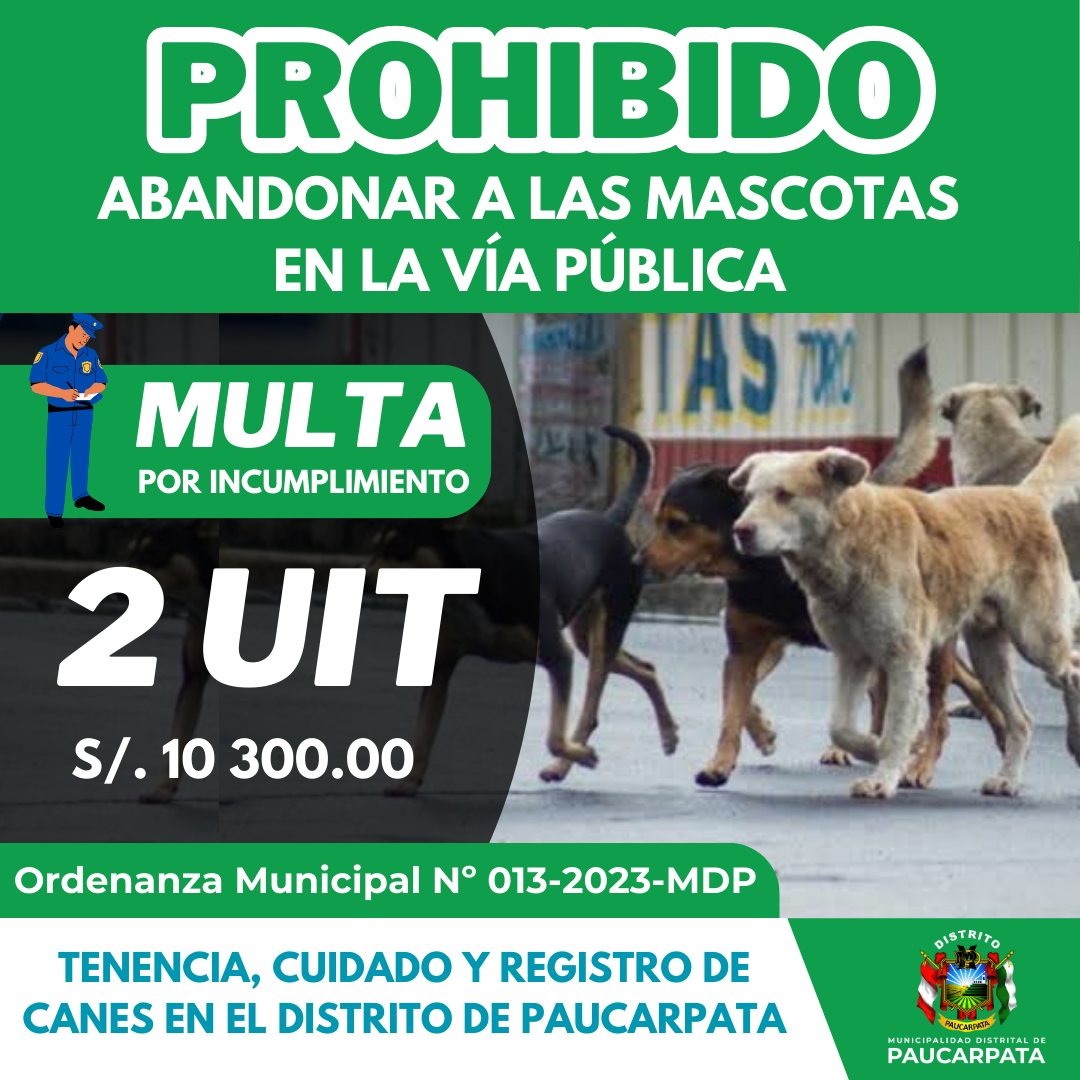 Sanciones drásticas para los dueños que abandonen sus mascotas en Paucarpata
El Concejo Municipal de Paucaparta aprobó la 𝐎𝐑𝐃𝐄𝐍𝐀𝐍𝐙𝐀 𝐍º 013-2023-𝐌𝐃𝐏, que sanciona a los malos vecinos que abandonen a sus mascotas en la vía pública, por constituir un acto de maltrato y una condición de riesgo para la salud pública.