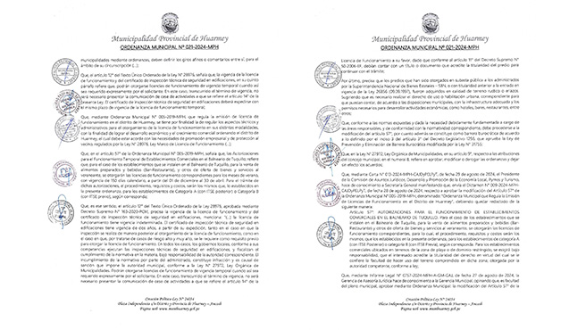 Ordenanza Municipal que aprueba la Modificacion del ARTÍCULO 57º DE LA ORDENANZA MUNICIPAL Nº 005-2019-MPH
