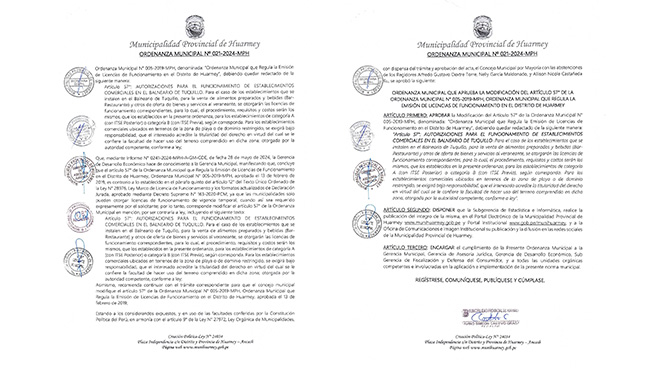 Ordenanza Municipal que aprueba la Modificacion del ARTÍCULO 57º DE LA ORDENANZA MUNICIPAL Nº 005-2019-MPH