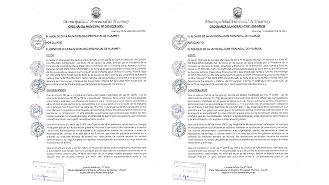Ordenanza Municipal que aprueba la Modificacion del ARTÍCULO 57º DE LA ORDENANZA MUNICIPAL Nº 005-2019-MPH