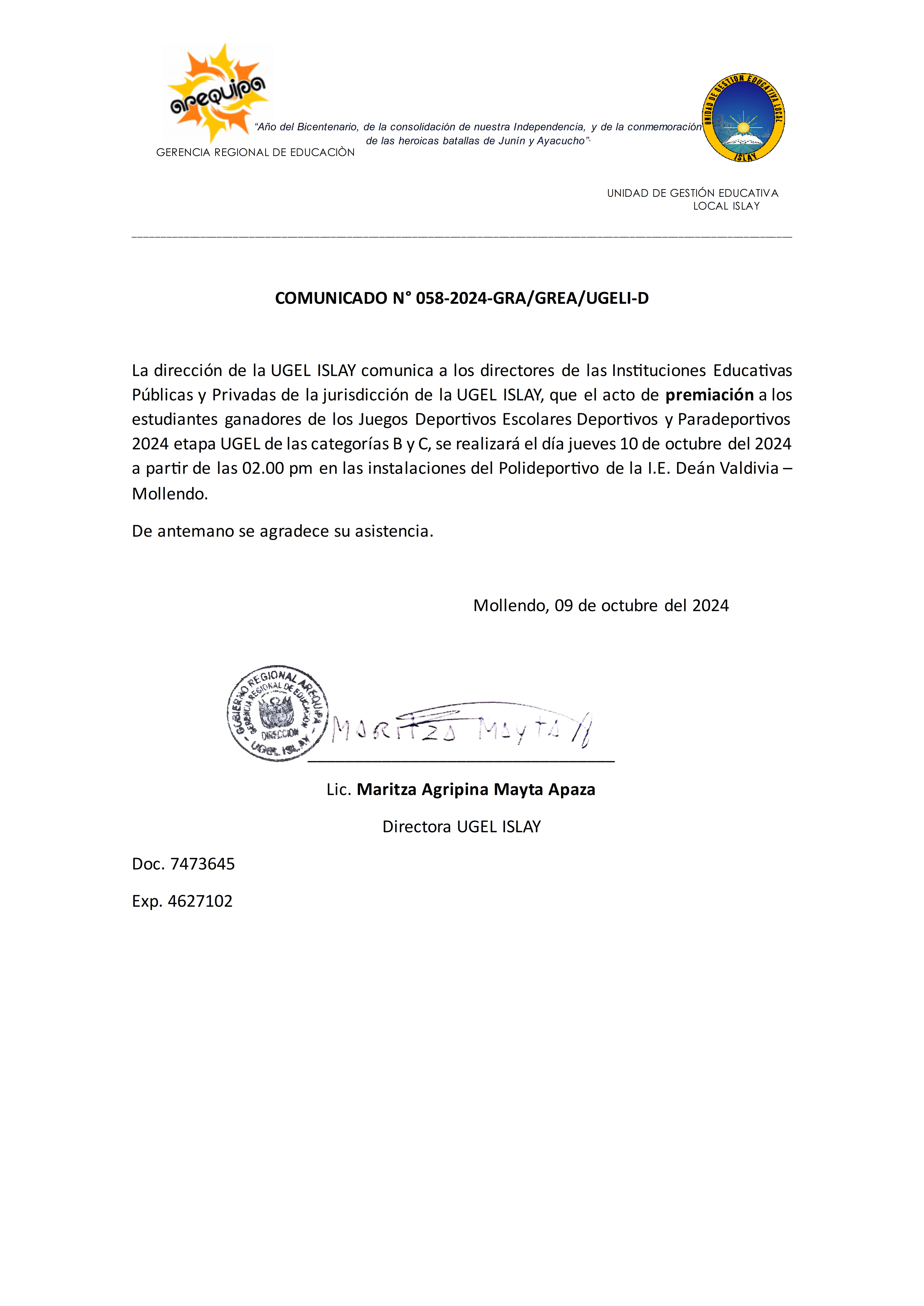 Comunicado N° 058-2024-GRA/GREA/UGELI-D