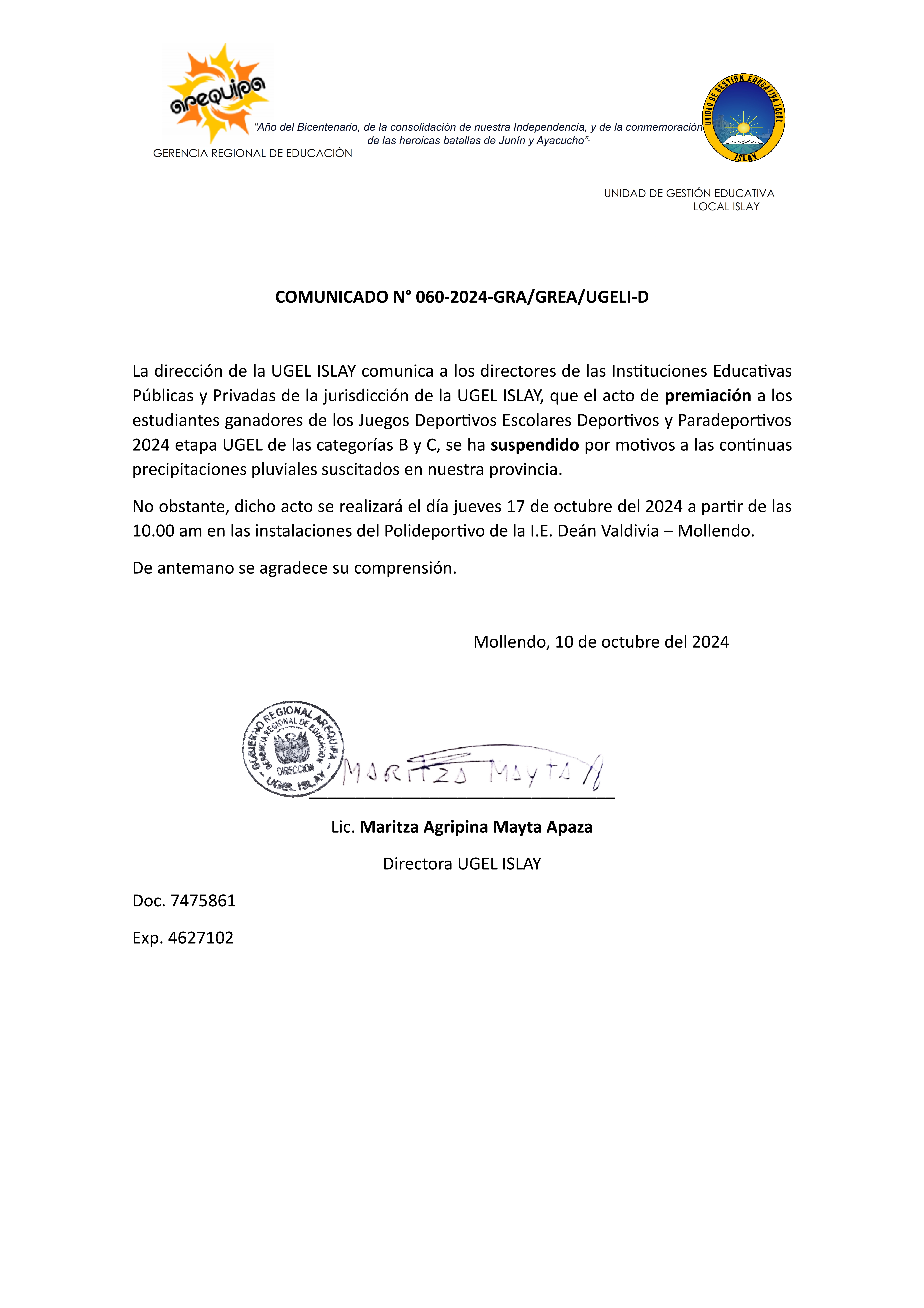Comunicado N° 060-2024-GRA/GREA/UGELI-D