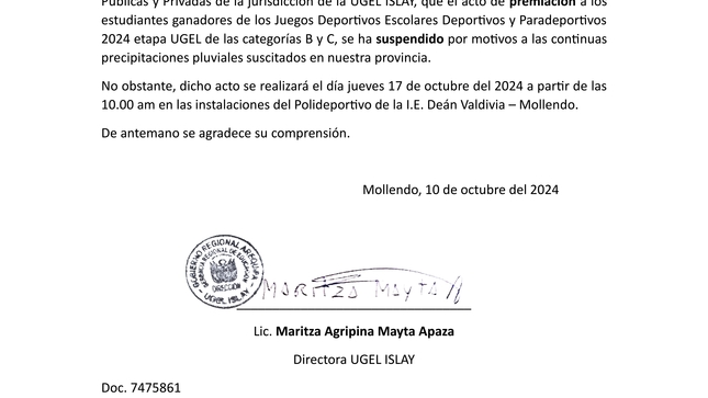 Comunicado N° 060-2024-GRA/GREA/UGELI-D