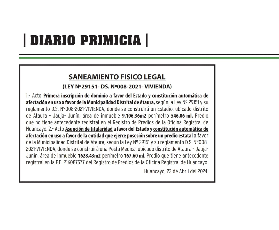 Publicacion en el diario PRIMICIA