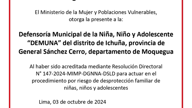 DEMUNA de la Municipalidad Distrital de Ichuña ya es acreditada